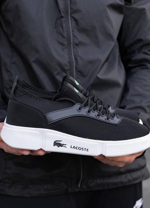 Чоловічі літні кеди в стилі lacoste black white лакоста кросівки чорні чорно білі текстиль сітка 40-446 фото