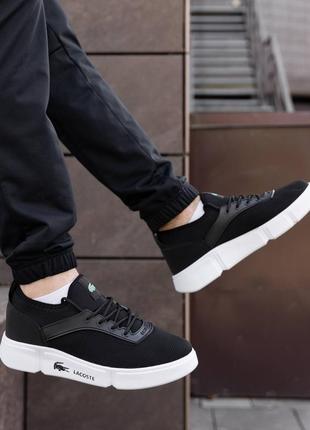 Чоловічі літні кеди в стилі lacoste black white лакоста кросівки чорні чорно білі текстиль сітка 40-443 фото