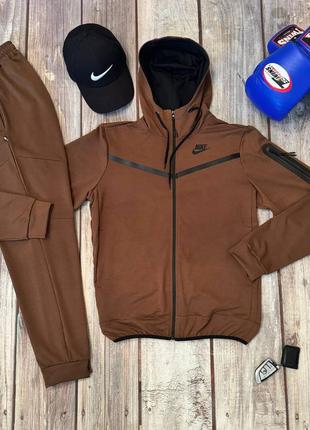 Спортивний костюм чоловічий підлітковий з капюшоном в стилі nike tech fleece найк теч фліс коричневий бавовняний кофта штани xxs-xl