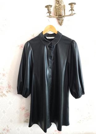 Zara black faux leather button down collared balloon sleeve dress xs