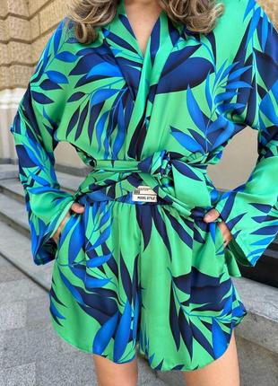 Трендовый шелковый костюм двойка шорты и кимоно 2 цвета8 фото