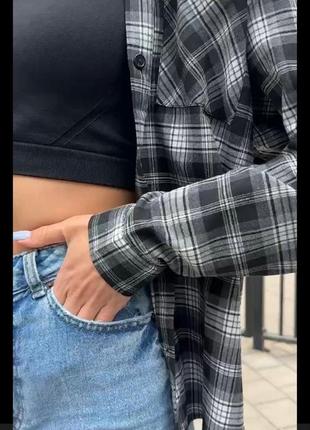 Рубашка в клетку женская коттон клетчатая рубашка в клеточку на пуговицах с нагрудным карманом оверсайз черная