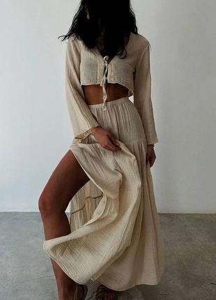 Женский костюм с юбкой макси из муслина, кроп топ, укороченный, длинная юбка, пляжный, туника
