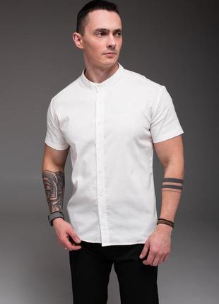 Мужская рубашка белая из льна, короткий рукав
