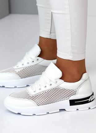 Жіночі білі кросівки на літо шкіряні + текстиль кроссовки кожа + сетка