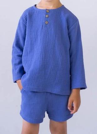 Легкий літній бавовняний комплект із мусліну, мусліновий костюм дитячий шорти і сорочка5 фото