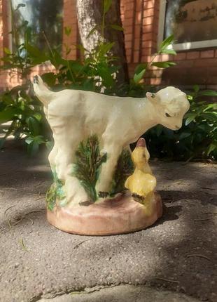 1950-ті!🌿🌼 художній фонд срср схф-1 потилиха майоліка фігурка статуетка ввнтаж на лужку козлик і вутеня