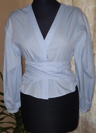 Стильная хлопковая блуза в полоску h&amp;m с пышными рукавами и широким поясом.3 фото