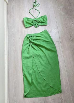 Льняной костюм юбка с разрезом и топ в размере xs-s
