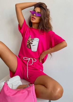 Костюм спортивный с шортами,найк, электрик,малина,черный,белый, с футболкой, летний, прогулки, яркий2 фото