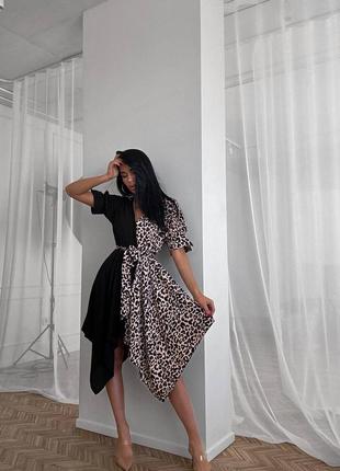 Сукня-сорочка з асимеричним низом з принтом леопарда з поясом