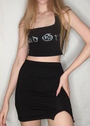 Комплект костюм черный со стразами юбка с разрезом топ bad grl dollskill