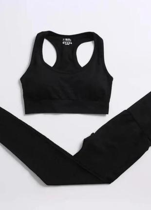 Черный спортивный костюм топ и лосины для йоги, фитнеса, пилатеса, тренажерного зала3 фото