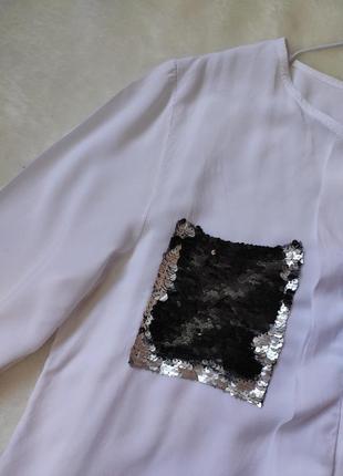 Белая натуральная блуза рубашка с блестящими карманами на груди паетками перевертышами италия5 фото