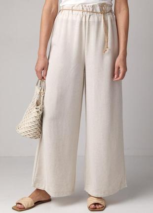 Жіночі літні світло-бежеві льняні широкі штани, брюки льон літо палаццо