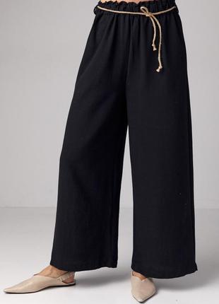 Жіночі літні чорні льняні широкі штани, брюки льон літо палаццо s m
