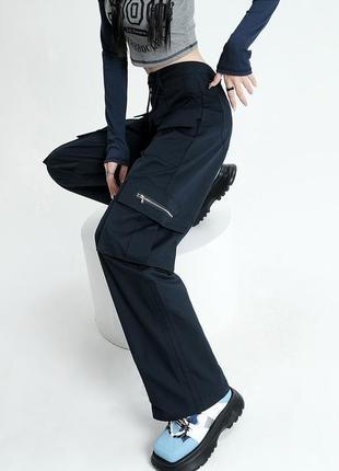 Підліткові карго з карманами джинси 9133 темно-сині штани на блискавці клеш аніме кейпоп стиль