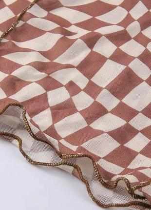 Кофта из сетки шахматный принт коричневая пэчворк3 фото