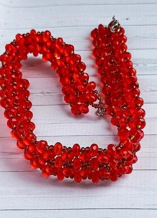 Чокер из бусин и бисера "красные рондели"