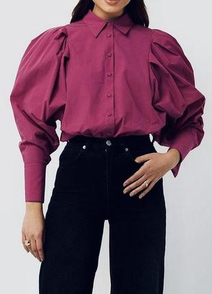 Бордова бавовняна сорочка з пишними рукавами рубашка блуза бургунді zara трендовая рубашка бургунди бордовая рубашка с буффами