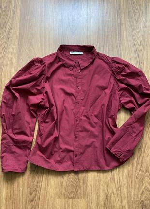 Бордова бавовняна сорочка з пишними рукавами рубашка блуза бургунді zara трендовая рубашка бургунди бордовая рубашка с буффами5 фото