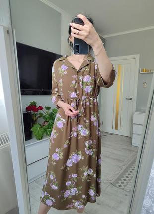 Міді сукня в кольорі хакі з трояндами pieces1 фото