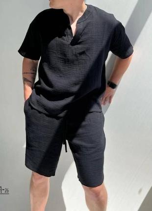Мусліновий костюм футболка вільного крою сорочка з короткими рукавами рубашка шорти комплект чоловічий базовий чорний хакі синій бежевий