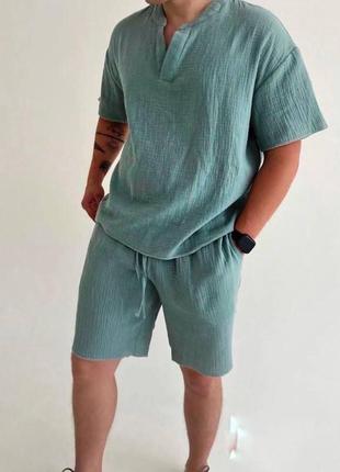 Мусліновий костюм футболка сорочка рубашка шорти комплект чоловічий чорний хакі синій бежевий