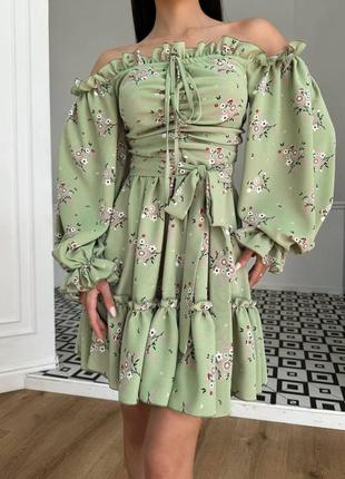 Жіноча сукня міні з натуральної тканини, з квітковим принтом, коротке плаття, корсетна, з широкими рукавами, з відкритими плечима, сарафан, з рюшами6 фото