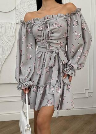 Жіноча сукня міні з натуральної тканини, з квітковим принтом, коротке плаття, корсетна, з широкими рукавами, з відкритими плечима, сарафан, з рюшами9 фото