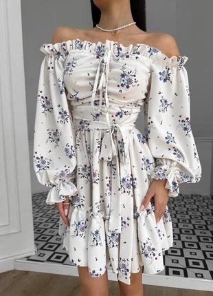 Жіноча сукня міні з натуральної тканини, з квітковим принтом, коротке плаття, корсетна, з широкими рукавами, з відкритими плечима, сарафан, з рюшами3 фото