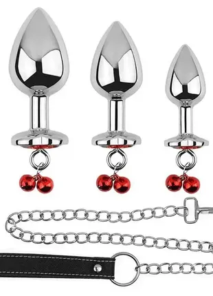 Набор металлических анальных пробок с поводком и сердечком art of sex metal anal plug