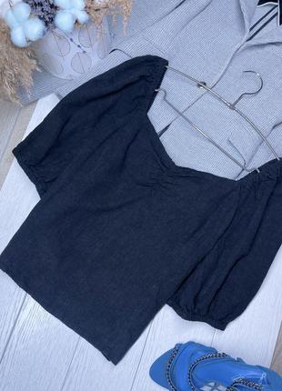Чорна лляна блуза h&m xs s блуза з об’ємними рукавами приталена блуза з льону