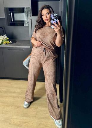 Стильный качественный женский костюм батал варенка комплект футболка и широкие брюки палаццо свободного кроя