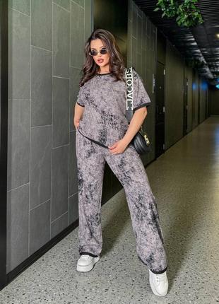 Стильный качественный женский костюм батал варенка комплект футболка и широкие брюки палаццо свободного кроя