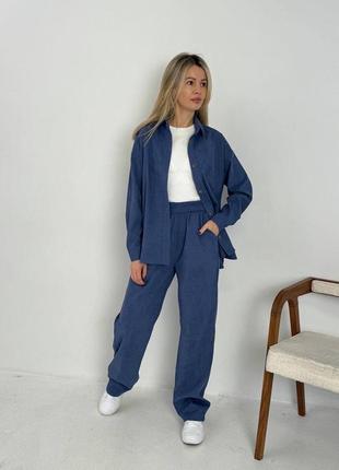 Женский вельветовый костюм оверсайз рубашка и брюки с высокой посадкой стильный комплект