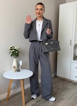 Хит 2024😍 женский деловой комплект укороченный пиджак и широкие брюки палаццо оверсайз стильный костюм
