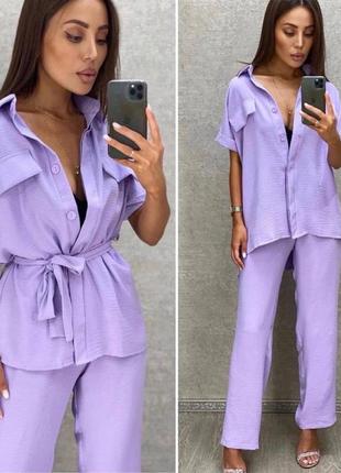 Стильный легкий женский костюм креповый комплект рубашка оверсайз и широкие прямые брюки жатка