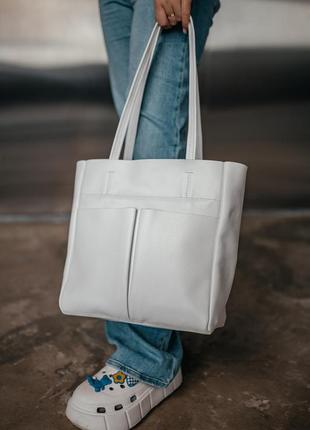 Біла молочна шкіряна сумка шопер багато кишень