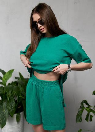 Костюм — двійка жіноча, з шортами, літній, футболка оверсайз, шорти з кишенями, зелений