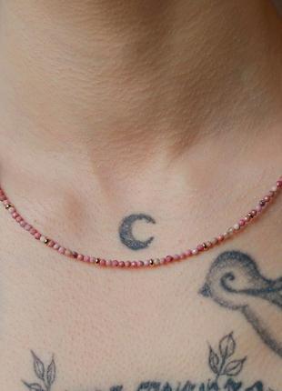 Чокер натуральный камень родонит+вставки d-2,5мм+- l-40-45см фурнитура гипоаллерген