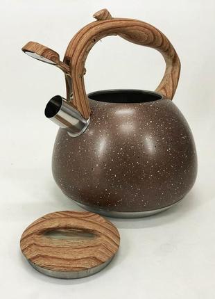 Чайник unique со свистком un-5306 2,7л мрамор, качественный чайник для газовой плиты. цвет: коричневый3 фото
