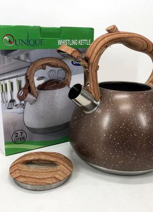 Чайник unique со свистком un-5306 2,7л мрамор, качественный чайник для газовой плиты. цвет: коричневый2 фото