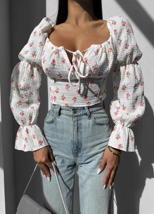 Женский летний натуральный топ, кроптоп укороченная блуза на завязках с длинными рукавами муслин