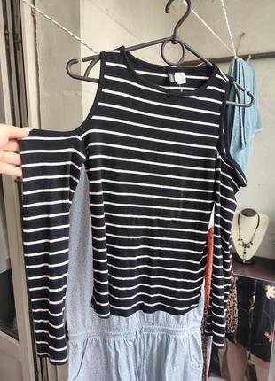 Гольф открытые плечи лонгслив полоска рубчик