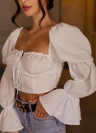 Женский летний натуральный топ, кроптоп укороченная блуза на завязках с длинными рукавами муслин