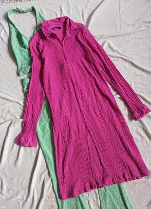 Платье туника летнее пляжное макси миди на пуговицах фуксия розовое в стиле барби barbie рубашка2 фото
