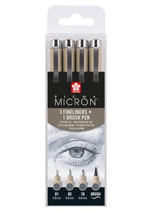 Лайнер sakura набір pigma micron 4 шт., (0.1/0.5/10/лінер-пензлик pigma brush), сірий (8712079474294)