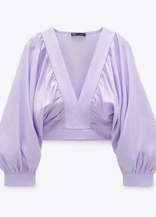 Zara льняная рубашка топ с длинным объемным рукавом лен +вискоза