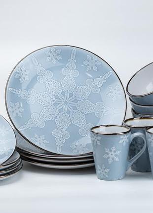 Столовый керамический сервиз серый с нежным узором снежинок (4 персоны 16 предметов) набор посуды с чашками